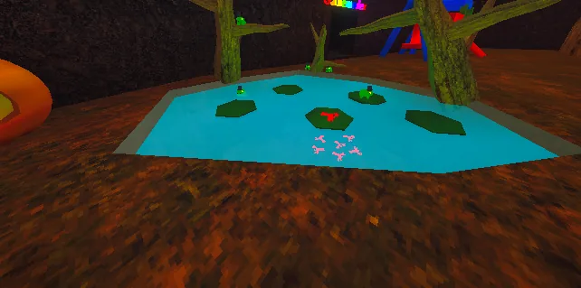 Forest pond with lily pads, frogs, lobsters, and trees