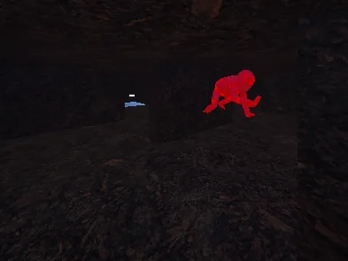 Greg, the red monster, in a dark corridor