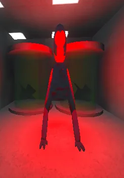 Tall red creature inside a red-lit laboratory room